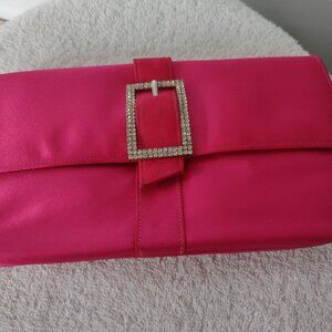 Jennifer Moore Bright Pink Satin Clutch With Sparkly Buckle Accent
